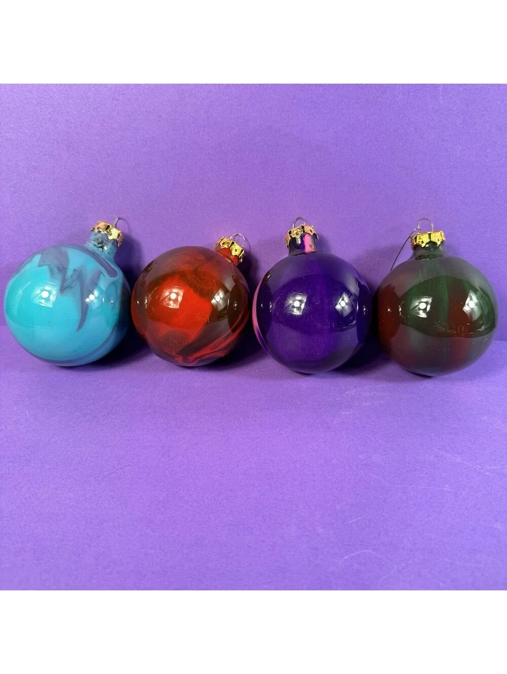 4 Glass Christmas Ornaments Swirl Marbled Red Blue Teal Handpainted 1990s Retro